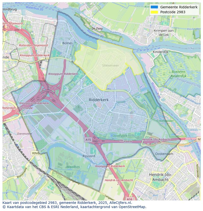Afbeelding van het postcodegebied 2983 op de kaart.