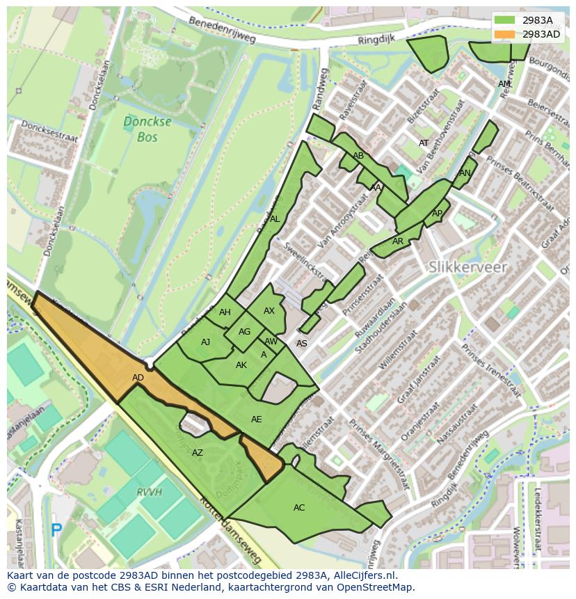 Afbeelding van het postcodegebied 2983 AD op de kaart.