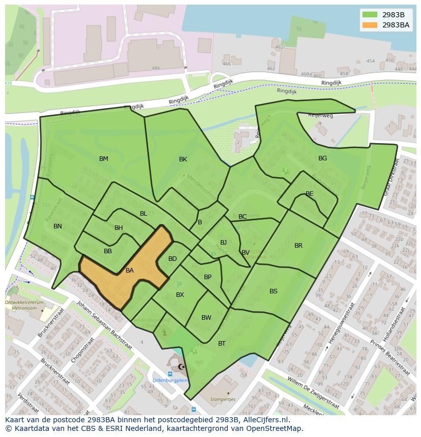 Afbeelding van het postcodegebied 2983 BA op de kaart.