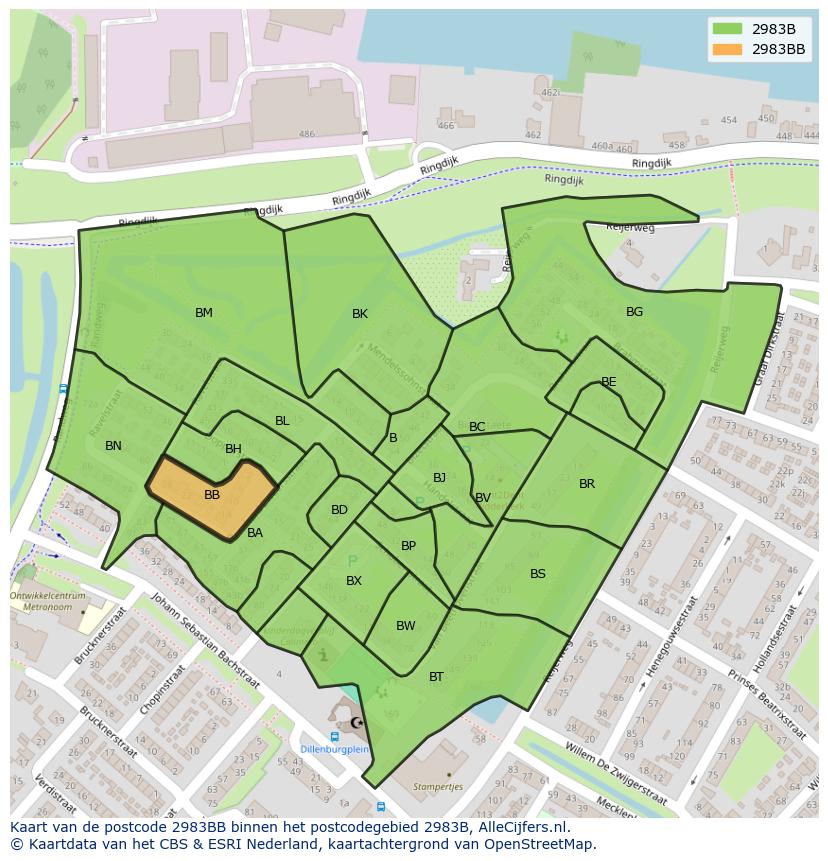 Afbeelding van het postcodegebied 2983 BB op de kaart.