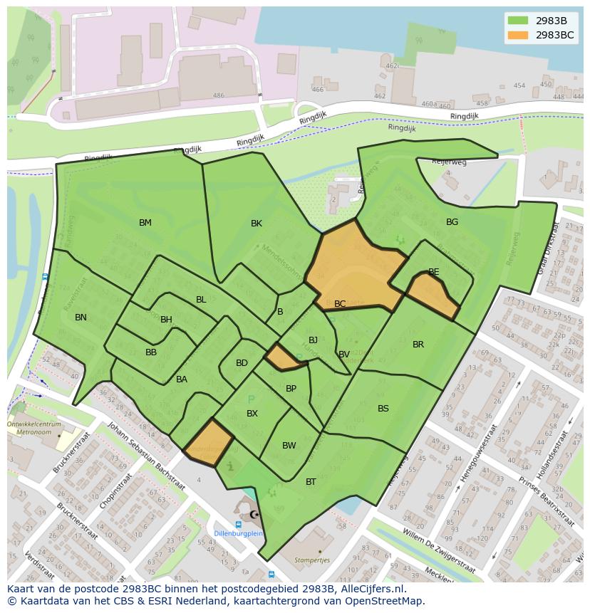Afbeelding van het postcodegebied 2983 BC op de kaart.
