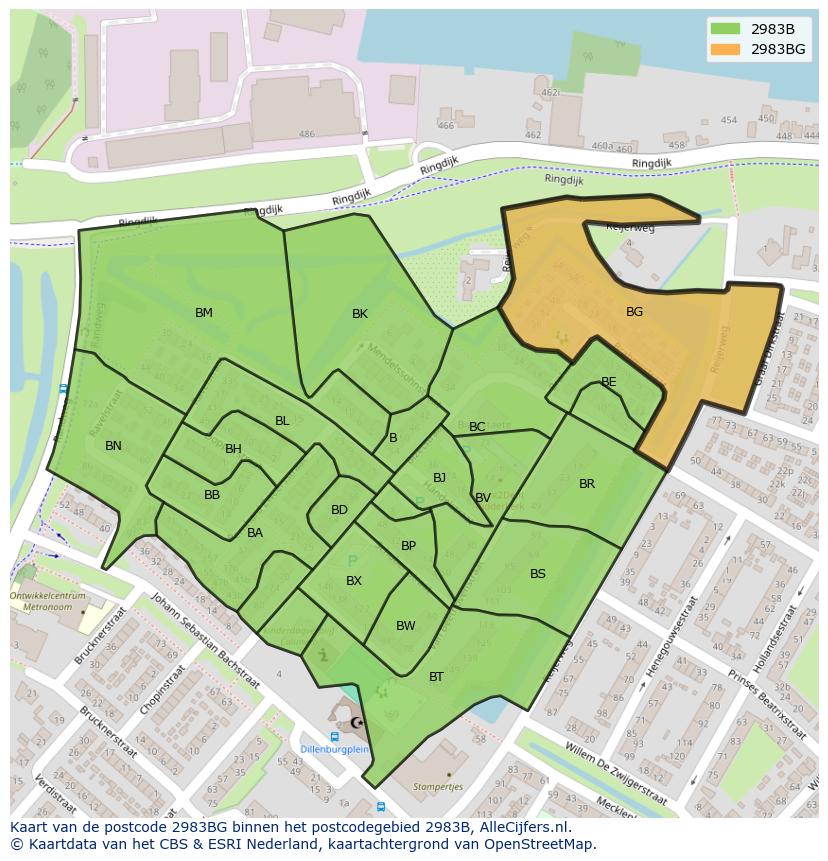 Afbeelding van het postcodegebied 2983 BG op de kaart.