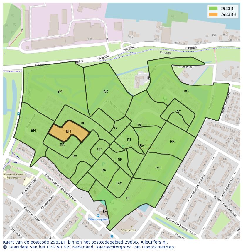 Afbeelding van het postcodegebied 2983 BH op de kaart.