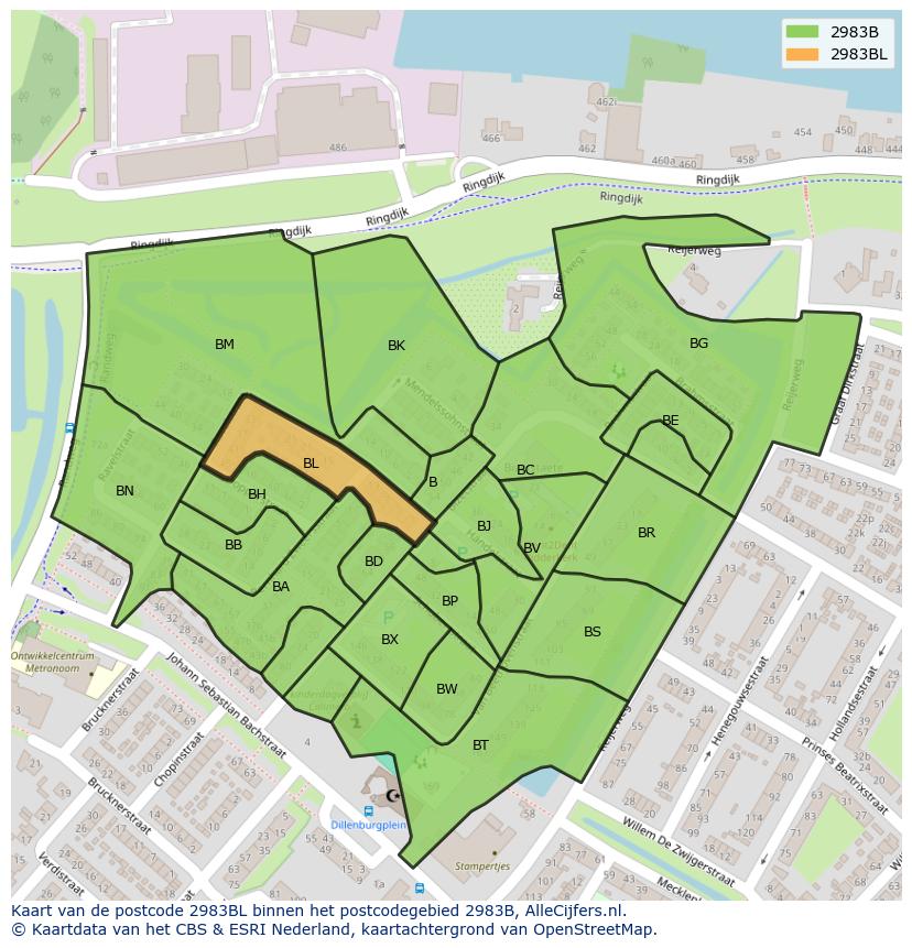 Afbeelding van het postcodegebied 2983 BL op de kaart.