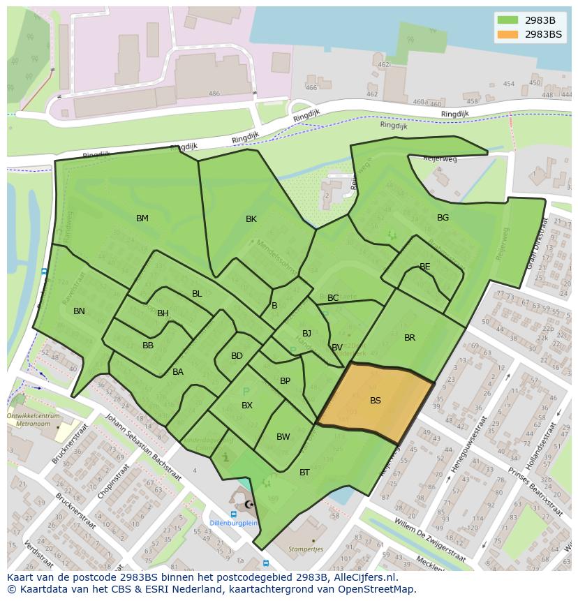Afbeelding van het postcodegebied 2983 BS op de kaart.