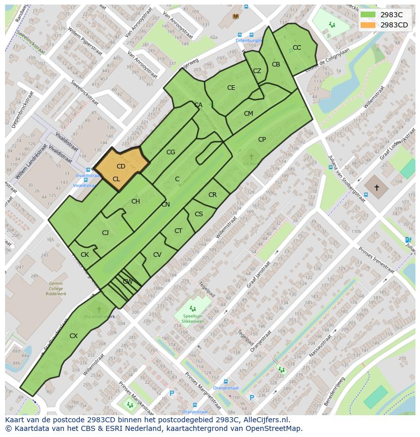 Afbeelding van het postcodegebied 2983 CD op de kaart.