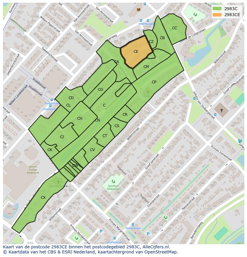 Afbeelding van het postcodegebied 2983 CE op de kaart.