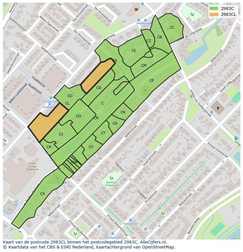 Afbeelding van het postcodegebied 2983 CL op de kaart.