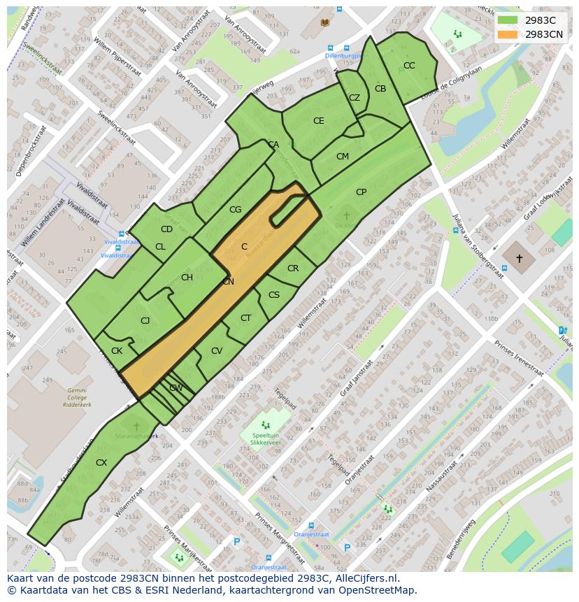 Afbeelding van het postcodegebied 2983 CN op de kaart.