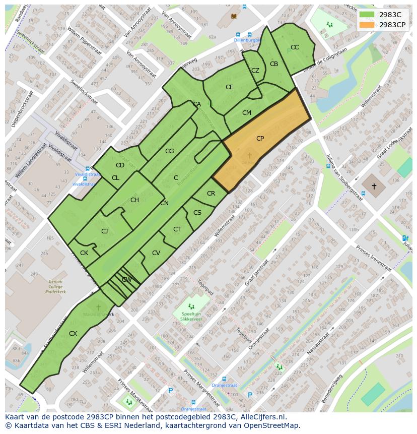 Afbeelding van het postcodegebied 2983 CP op de kaart.