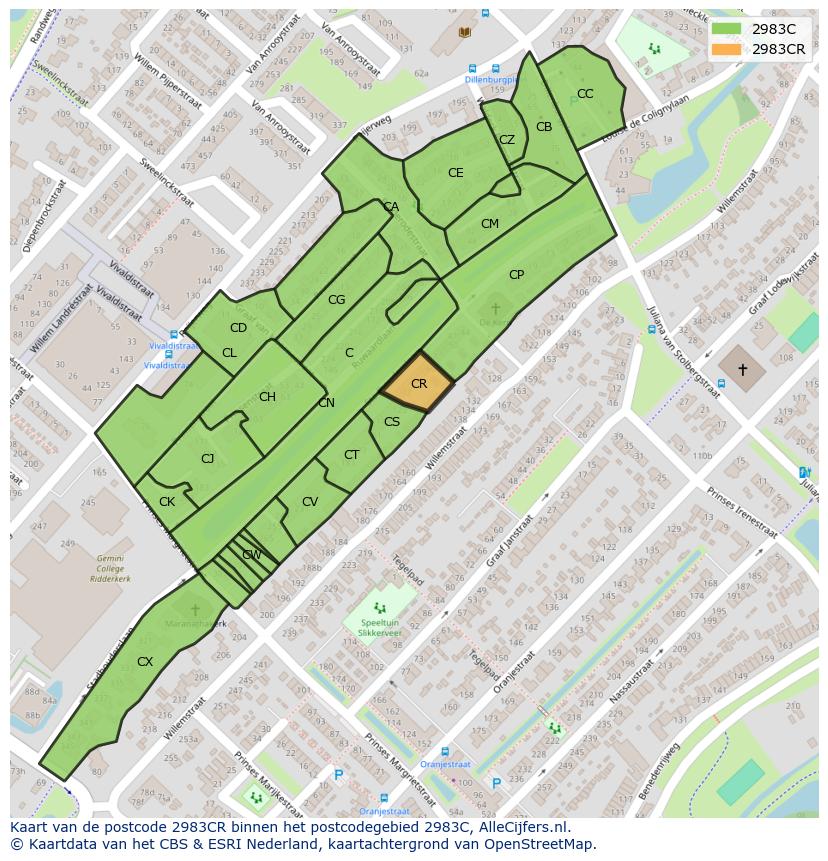 Afbeelding van het postcodegebied 2983 CR op de kaart.