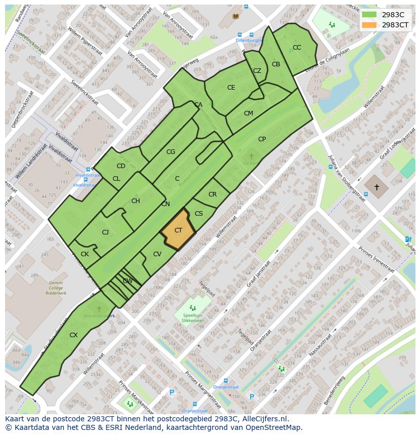 Afbeelding van het postcodegebied 2983 CT op de kaart.
