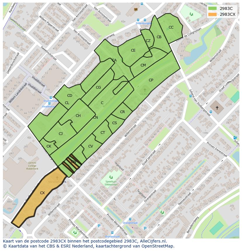 Afbeelding van het postcodegebied 2983 CX op de kaart.