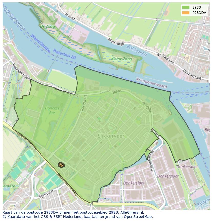 Afbeelding van het postcodegebied 2983 DA op de kaart.