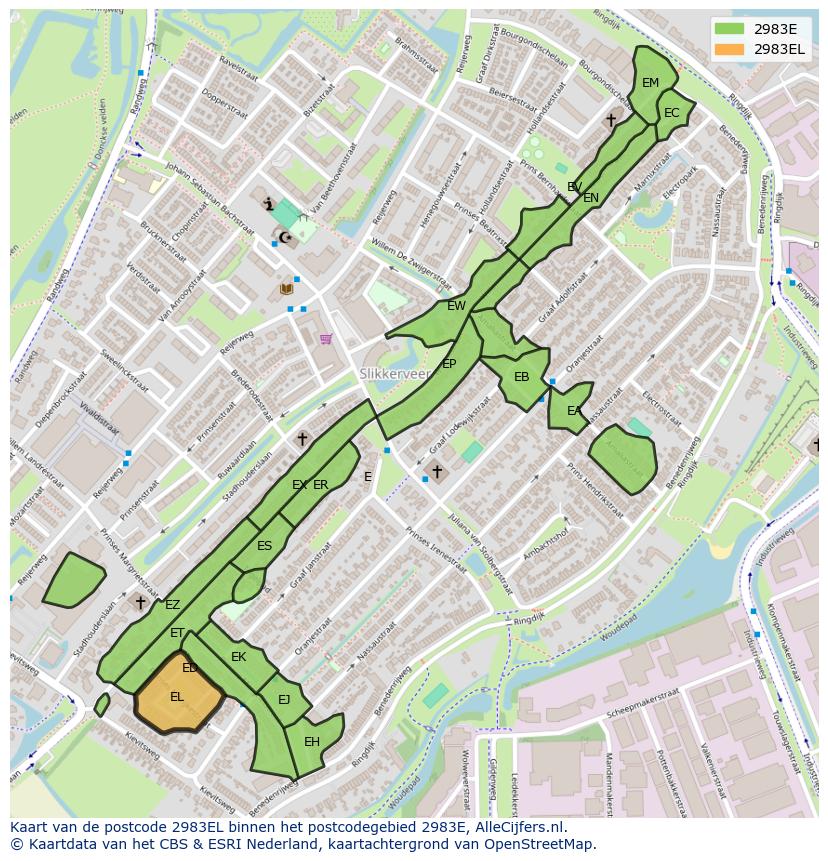 Afbeelding van het postcodegebied 2983 EL op de kaart.