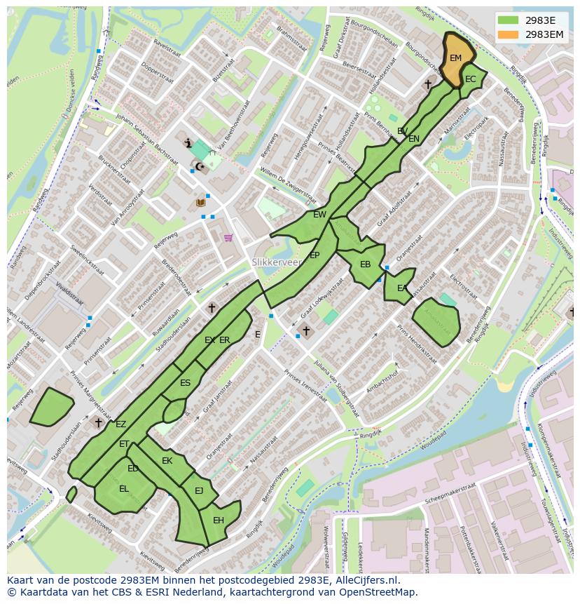 Afbeelding van het postcodegebied 2983 EM op de kaart.