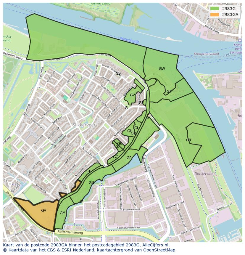 Afbeelding van het postcodegebied 2983 GA op de kaart.
