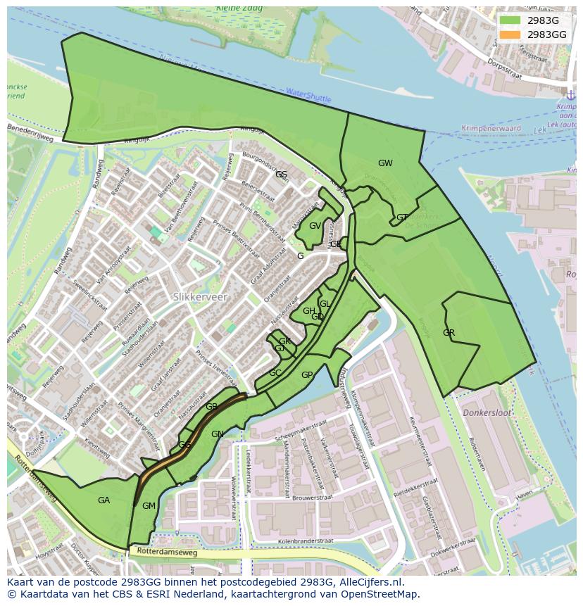 Afbeelding van het postcodegebied 2983 GG op de kaart.