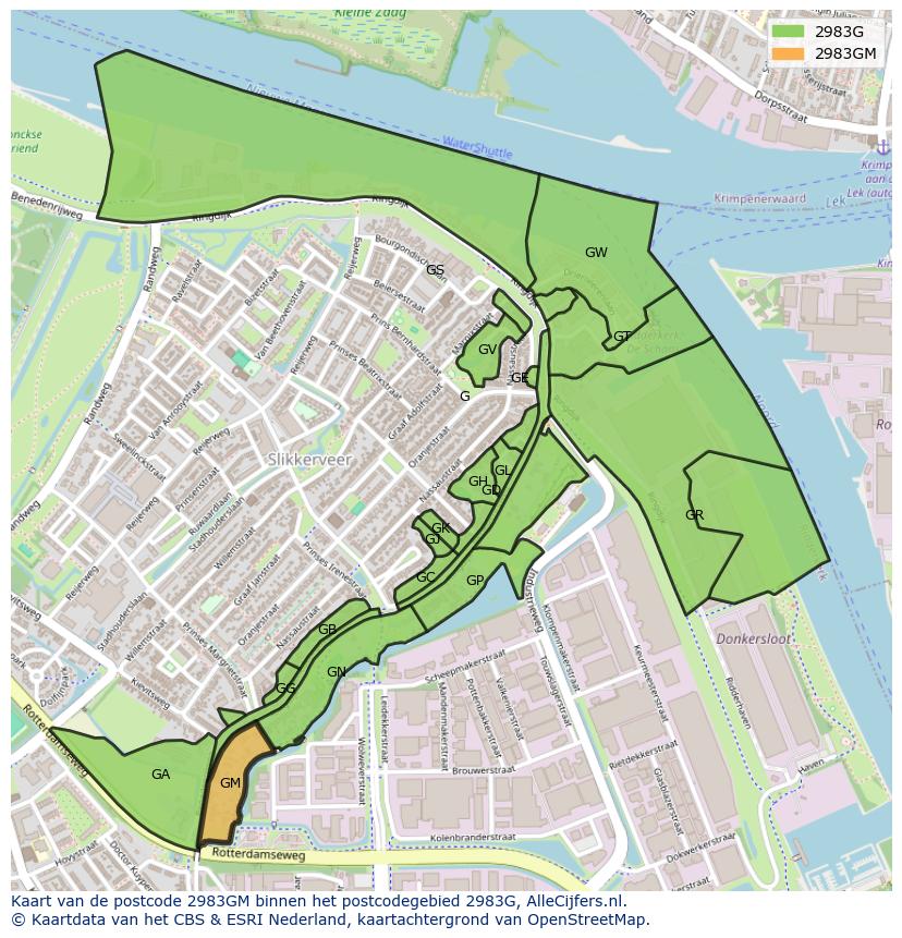 Afbeelding van het postcodegebied 2983 GM op de kaart.