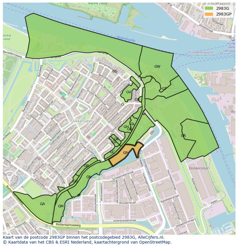 Afbeelding van het postcodegebied 2983 GP op de kaart.