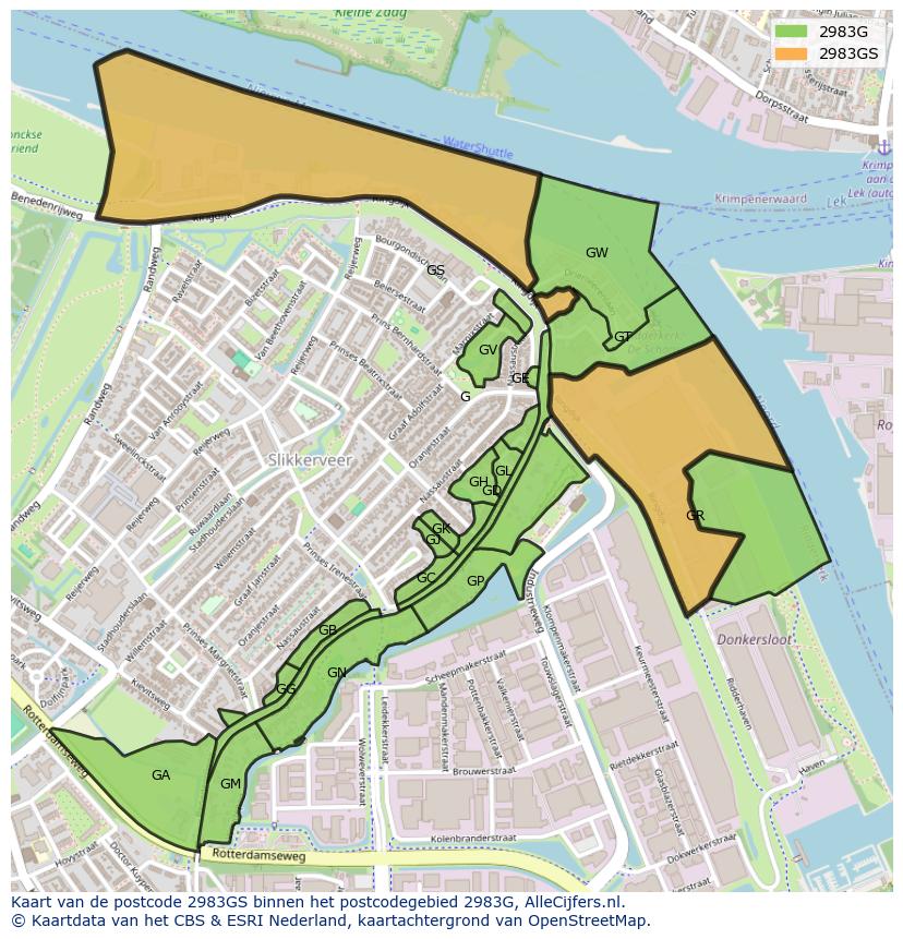 Afbeelding van het postcodegebied 2983 GS op de kaart.