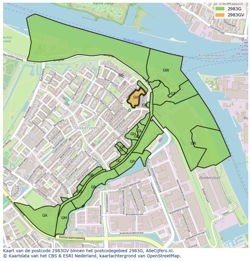 Afbeelding van het postcodegebied 2983 GV op de kaart.