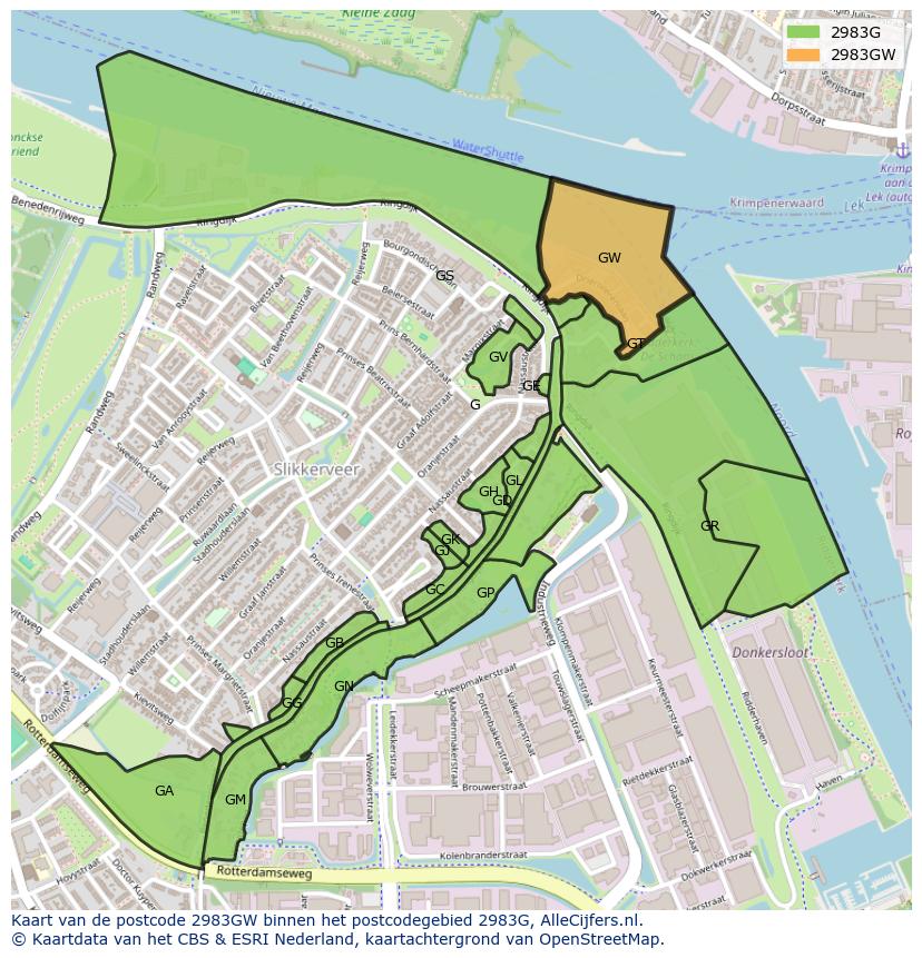 Afbeelding van het postcodegebied 2983 GW op de kaart.