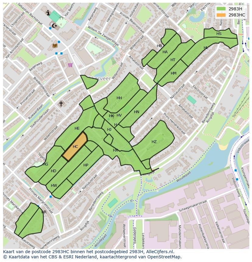 Afbeelding van het postcodegebied 2983 HC op de kaart.