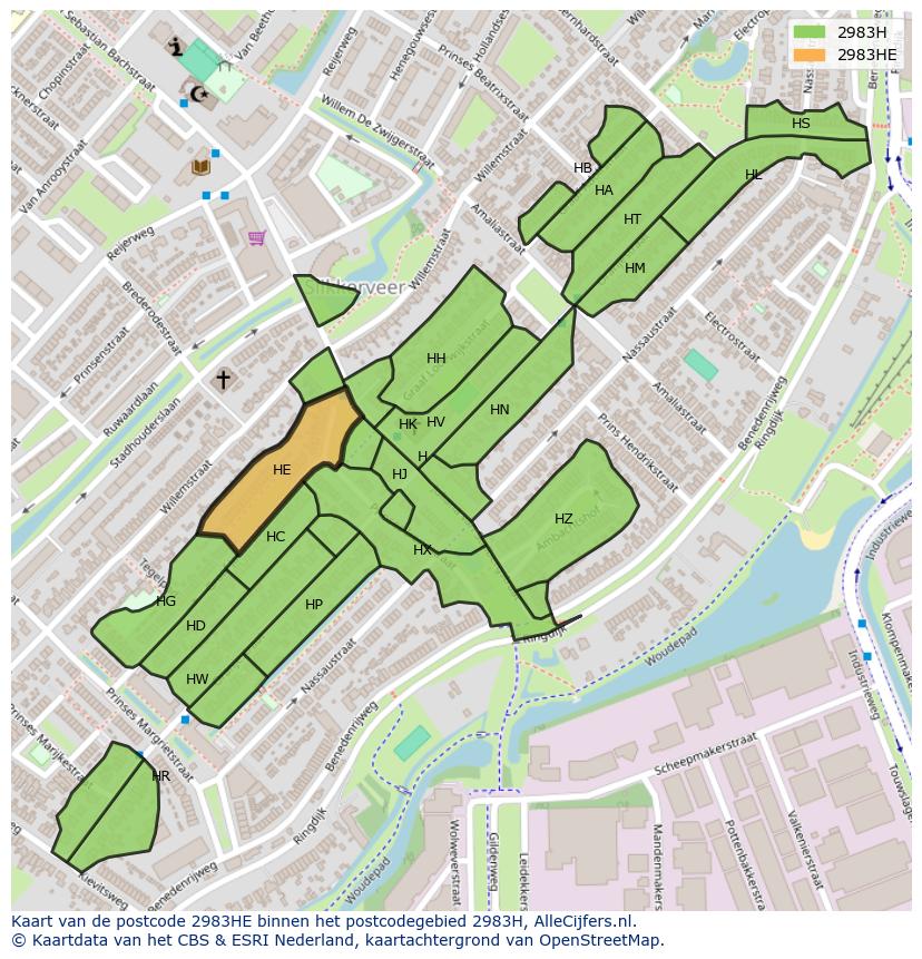 Afbeelding van het postcodegebied 2983 HE op de kaart.