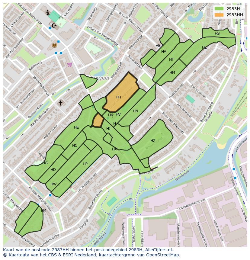 Afbeelding van het postcodegebied 2983 HH op de kaart.
