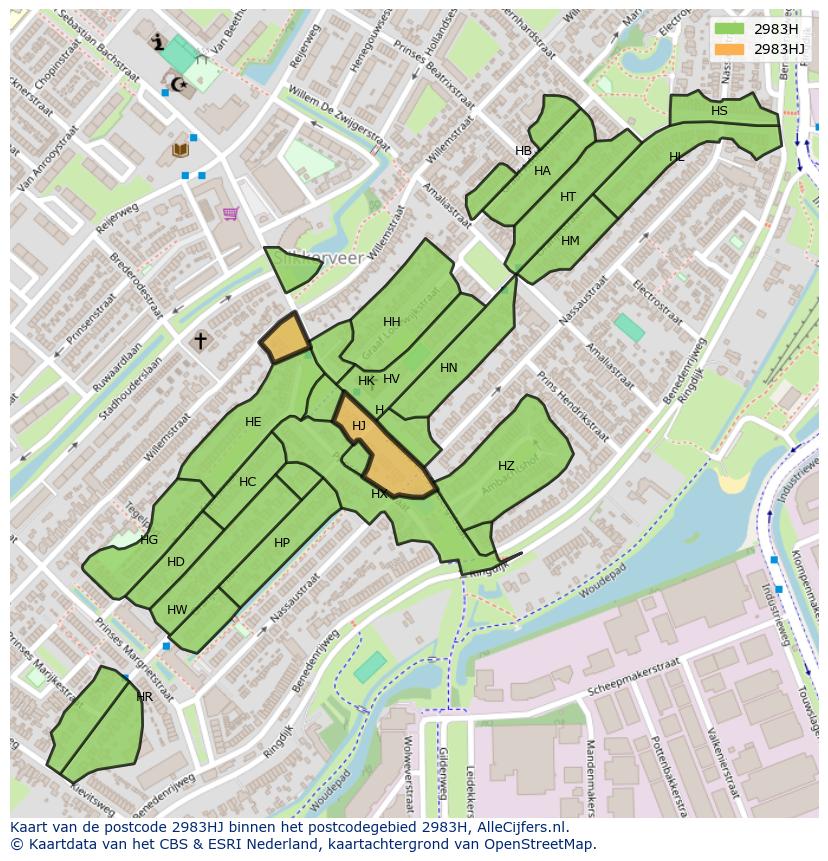 Afbeelding van het postcodegebied 2983 HJ op de kaart.