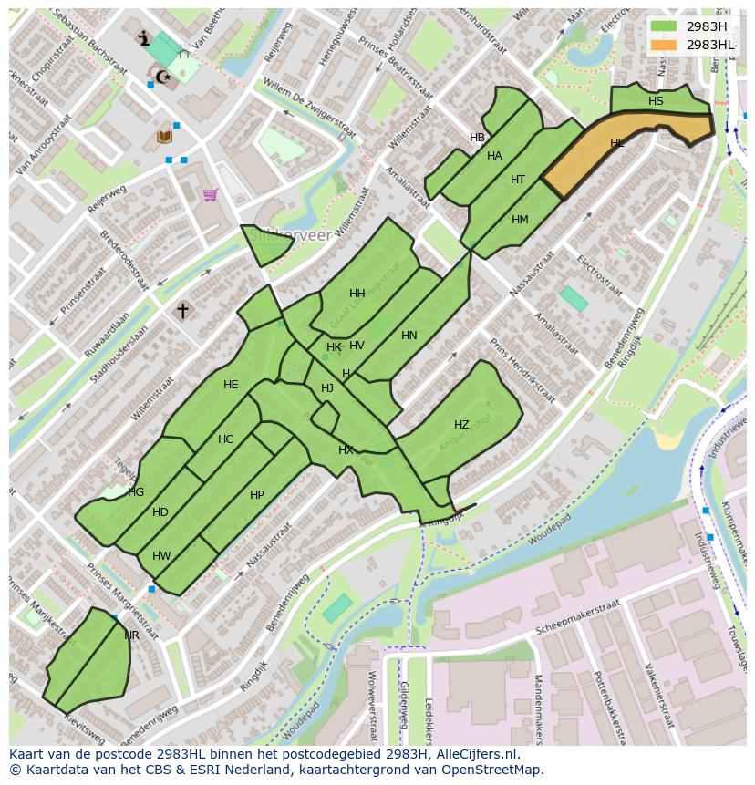 Afbeelding van het postcodegebied 2983 HL op de kaart.