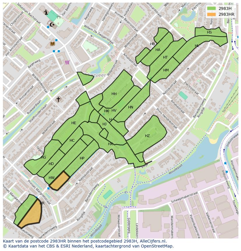 Afbeelding van het postcodegebied 2983 HR op de kaart.