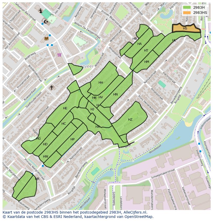 Afbeelding van het postcodegebied 2983 HS op de kaart.