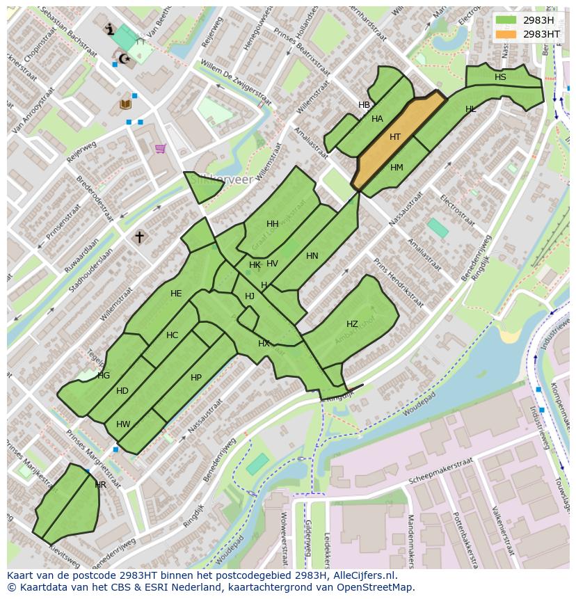 Afbeelding van het postcodegebied 2983 HT op de kaart.