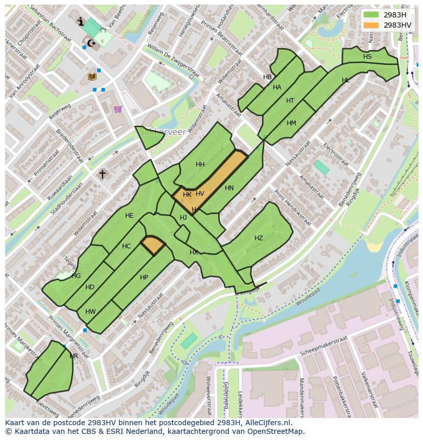 Afbeelding van het postcodegebied 2983 HV op de kaart.