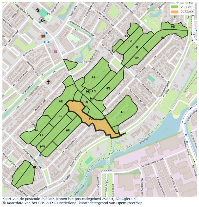 Afbeelding van het postcodegebied 2983 HX op de kaart.