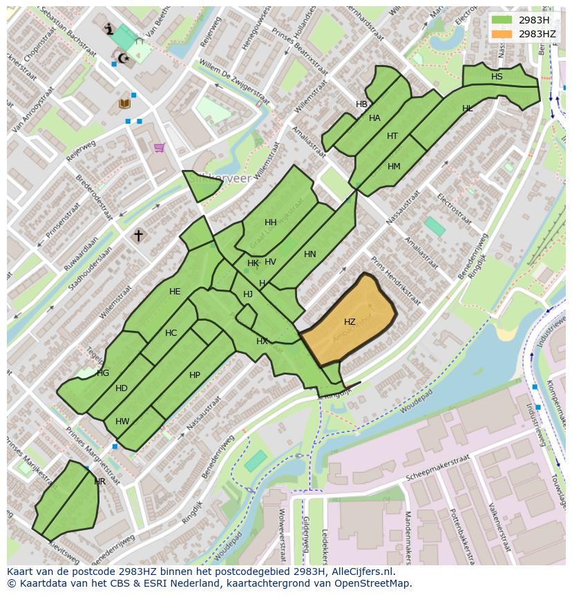 Afbeelding van het postcodegebied 2983 HZ op de kaart.