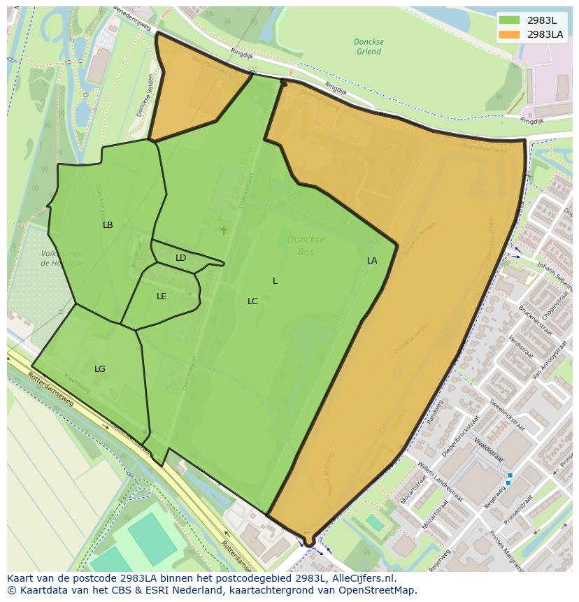 Afbeelding van het postcodegebied 2983 LA op de kaart.