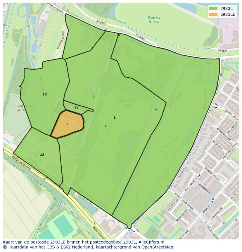 Afbeelding van het postcodegebied 2983 LE op de kaart.