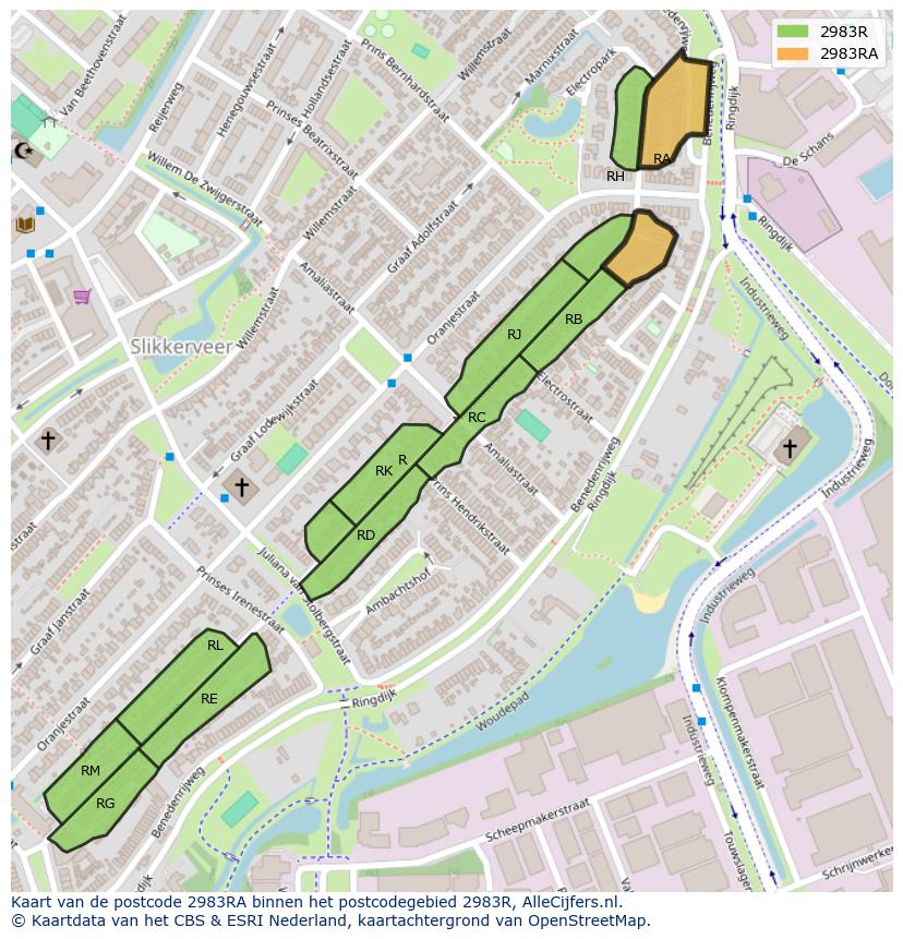 Afbeelding van het postcodegebied 2983 RA op de kaart.