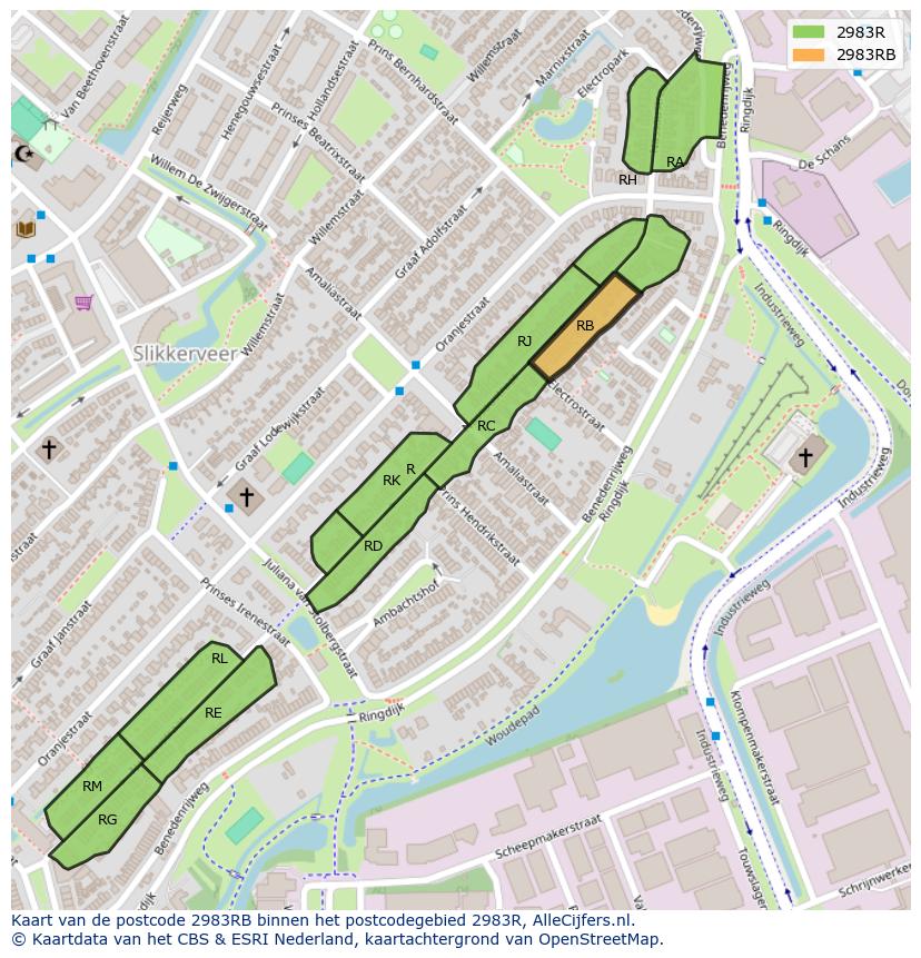 Afbeelding van het postcodegebied 2983 RB op de kaart.