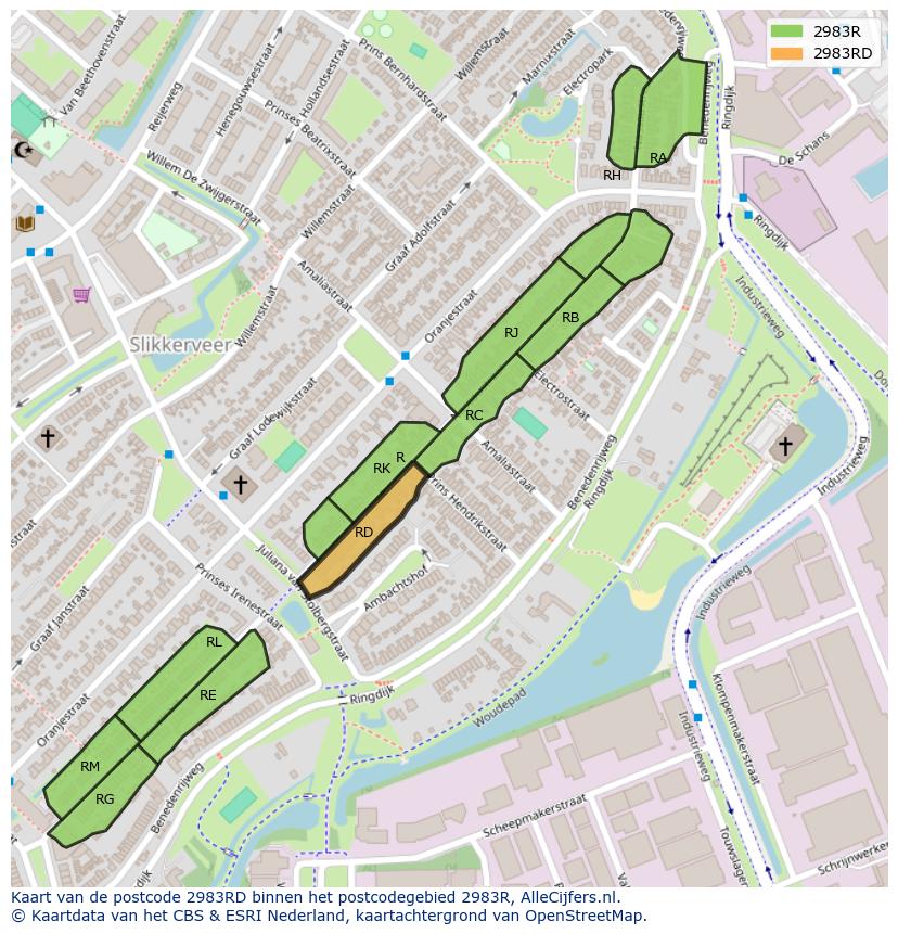 Afbeelding van het postcodegebied 2983 RD op de kaart.