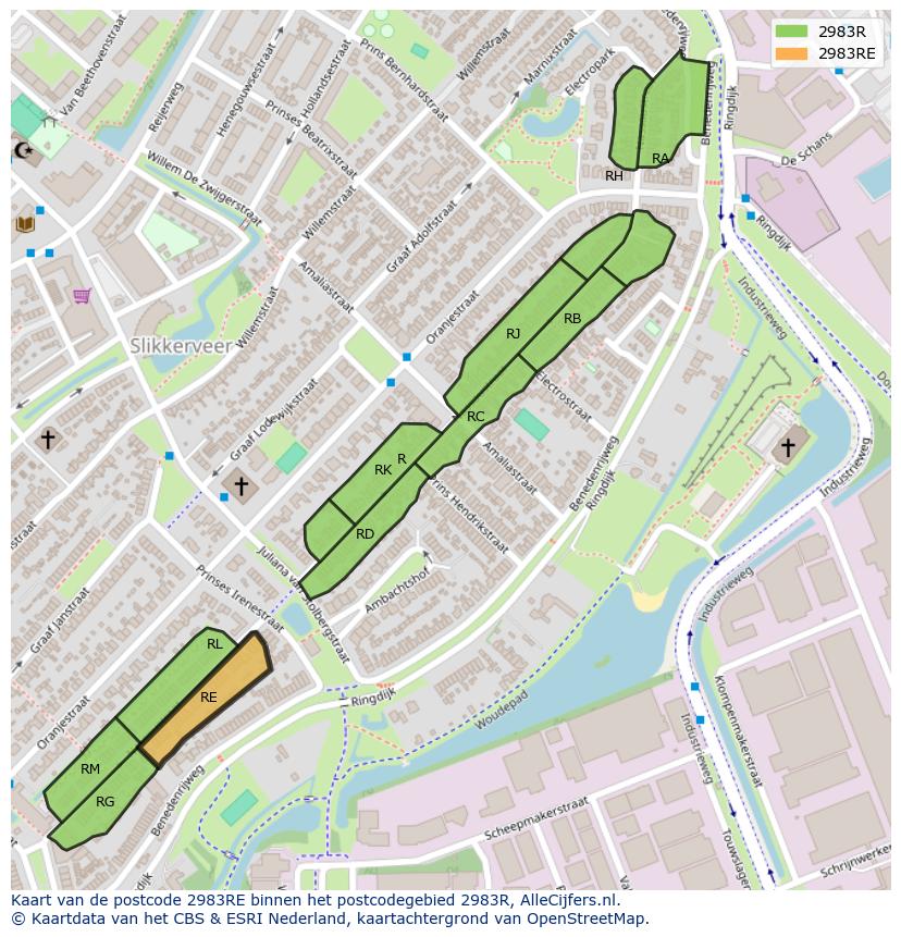 Afbeelding van het postcodegebied 2983 RE op de kaart.