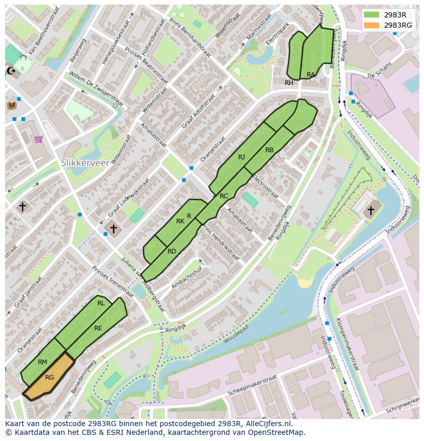 Afbeelding van het postcodegebied 2983 RG op de kaart.