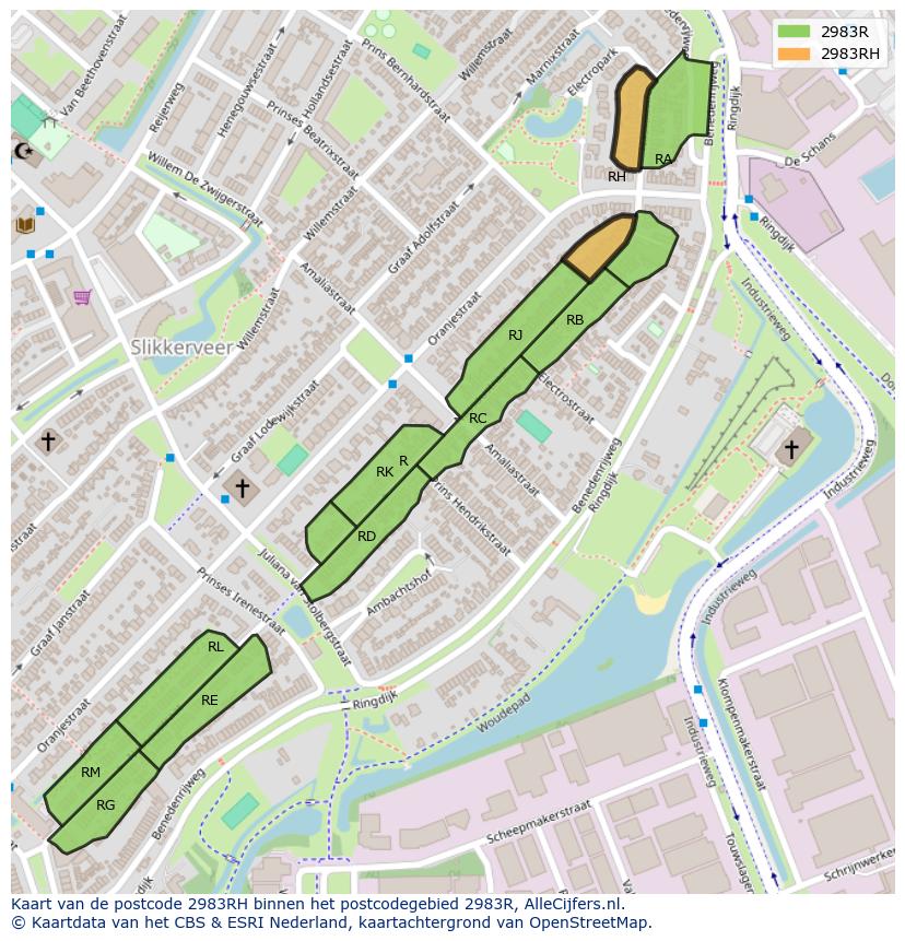 Afbeelding van het postcodegebied 2983 RH op de kaart.
