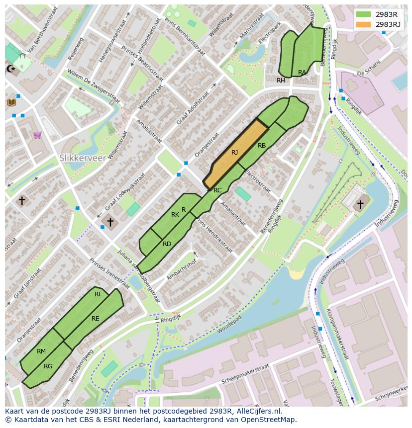 Afbeelding van het postcodegebied 2983 RJ op de kaart.