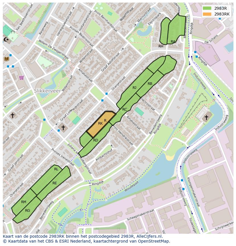 Afbeelding van het postcodegebied 2983 RK op de kaart.