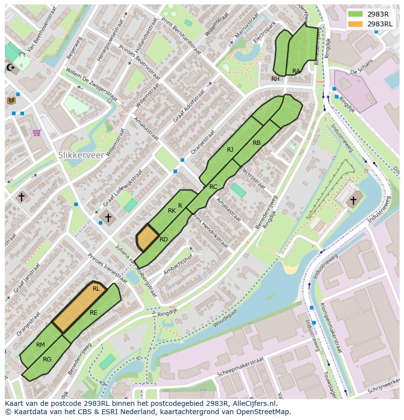 Afbeelding van het postcodegebied 2983 RL op de kaart.