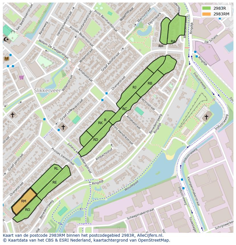 Afbeelding van het postcodegebied 2983 RM op de kaart.
